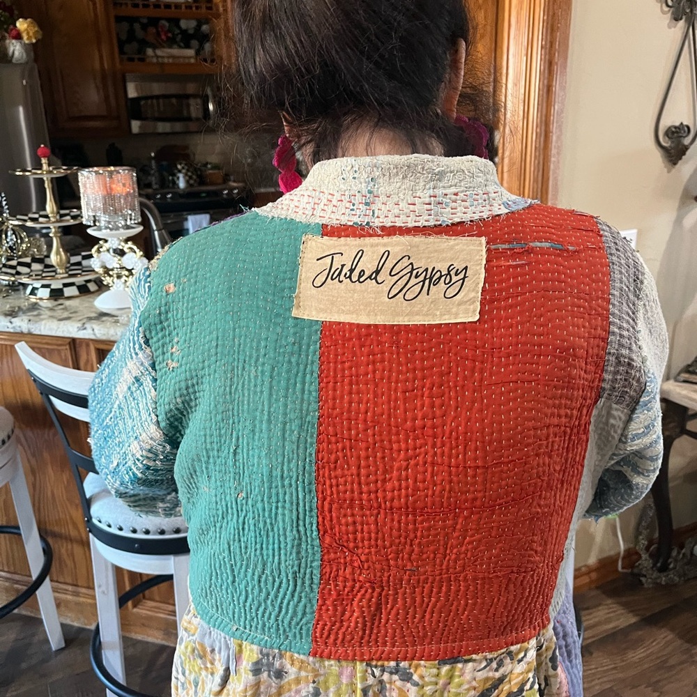 NEW- Jaded Gypsy Boho Kantha Patchwork Long Coat - Multi Color - Picture 4 of 11